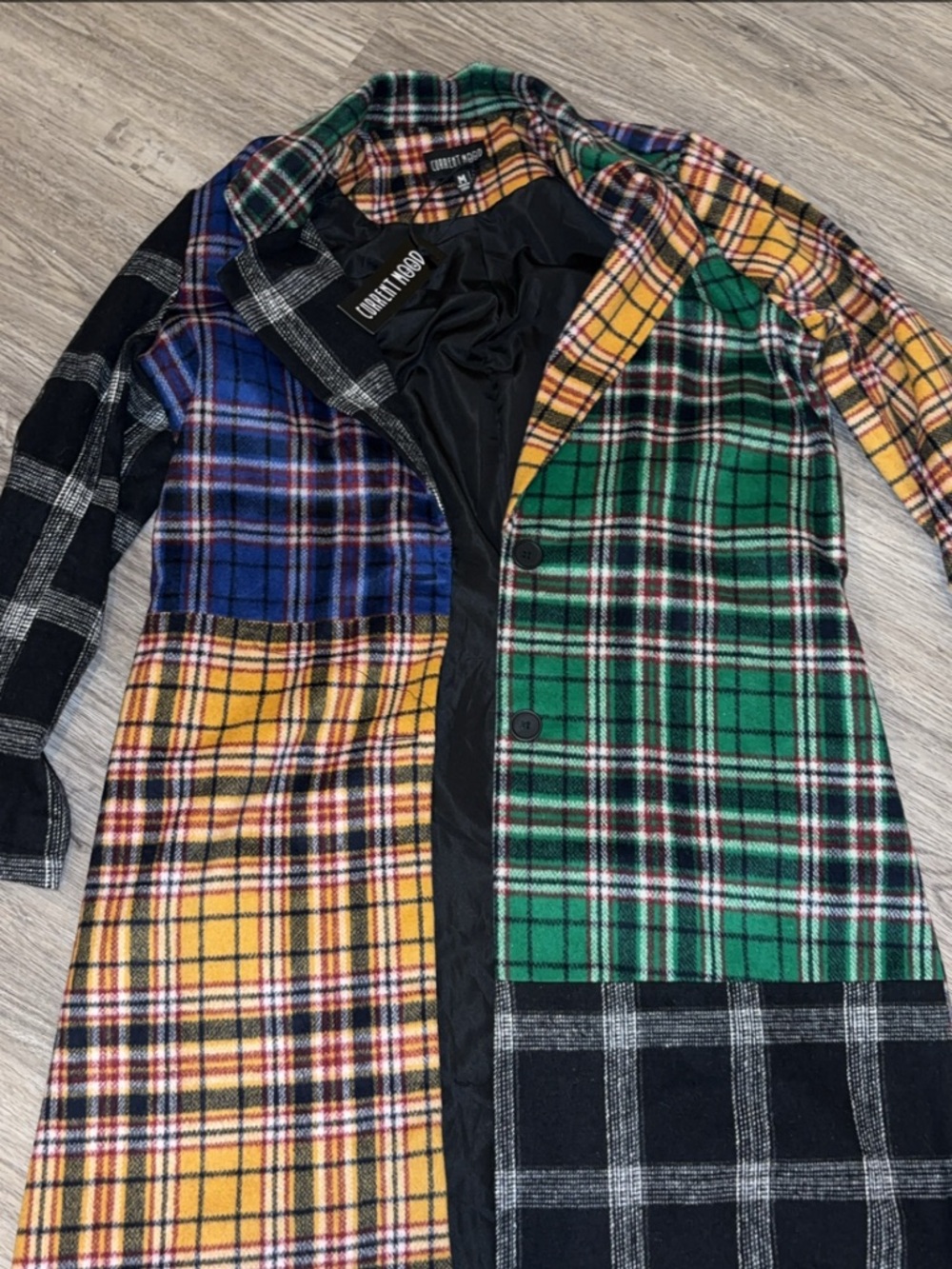 Current Mood Multicolor Plaid Patchwork Trench Coat - Green, Yellow, Blue, Black